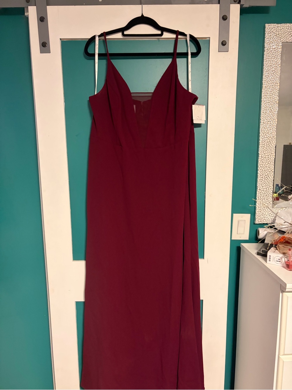 Women's Merlot Spaghetti Strap Evening Dress with Illusion V-neck
